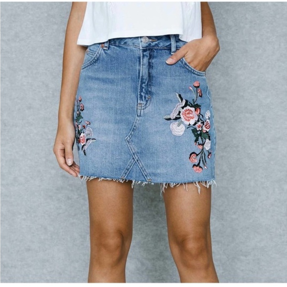 Topshop Floral Embroidered Denim Skirt